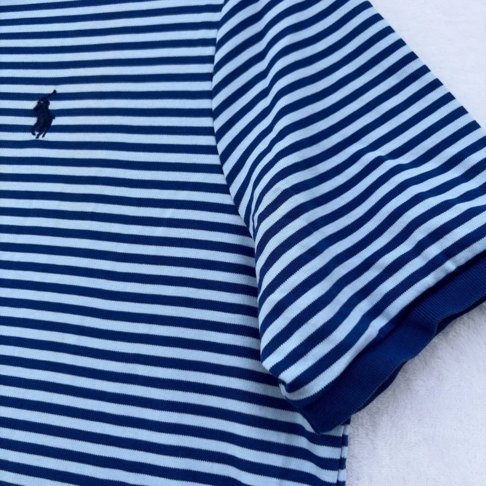 Polo Ralph Lauren Pique Polo‎ Shirt Mens L Blue Striped Classic Fit Short Sleeve